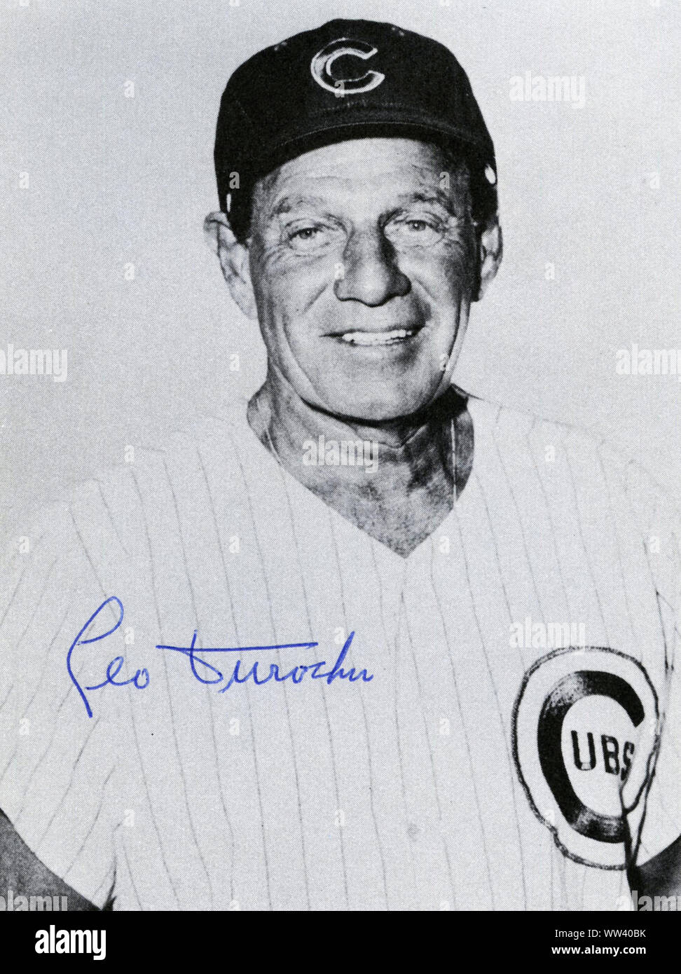 Vintage foto autografate di Leo Durocher che era un giocatore di baseball, pullman e manager nei maggiori campionati con New York Giants, Brooklyn e Los Angeles Dodgers e Chicago Cubs negli anni quaranta attraverso degli anni settanta. Foto Stock
