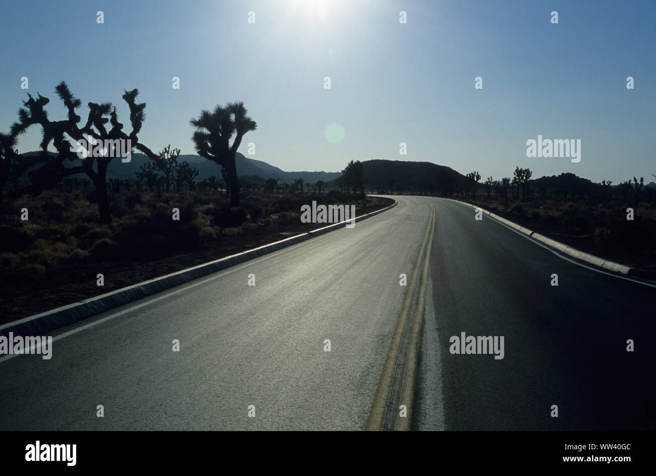 Empty road vicino al parco nazionale di Joshua Tree Foto Stock