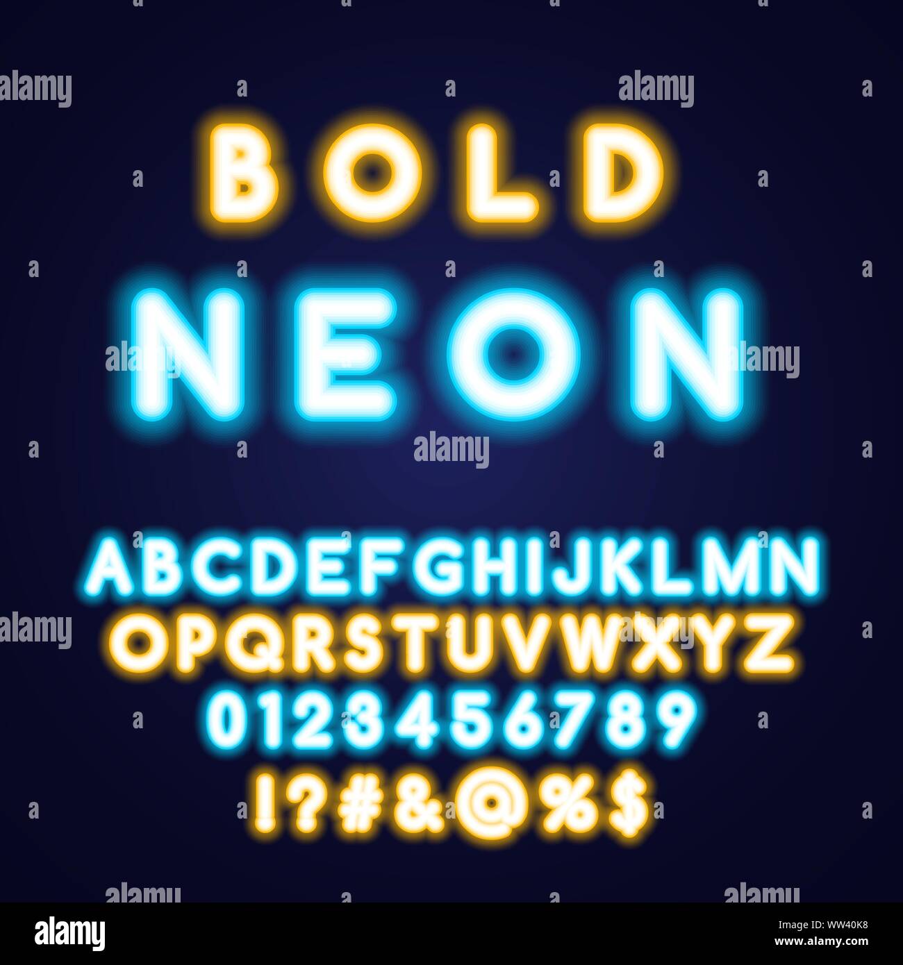 Bold tubo al Neon alfabeto font. Giallo e blu color bold lettere e numeri. Vettore di stock ricomposto per le intestazioni o qualsiasi design tipografia Illustrazione Vettoriale