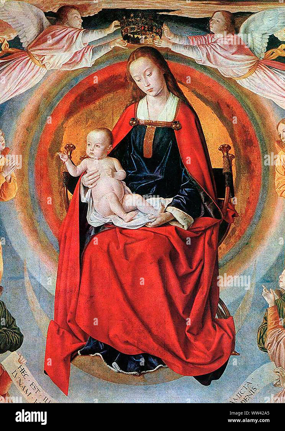 Moulins trittico, dettaglio del pannello centrale: la Madonna in trono con santi - Jean Hey, circa 1499 Foto Stock