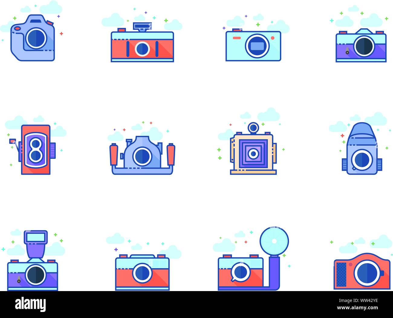 Le icone della telecamera a schermo piatto a colori e stile. Illustrazione Vettoriale. Illustrazione Vettoriale