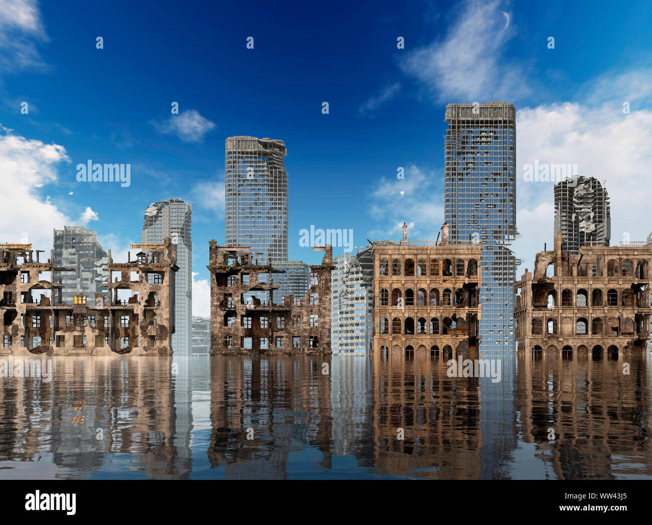 3D illustrazione il riscaldamento globale le rovine di una città apocalittica concetto orizzontale Foto Stock