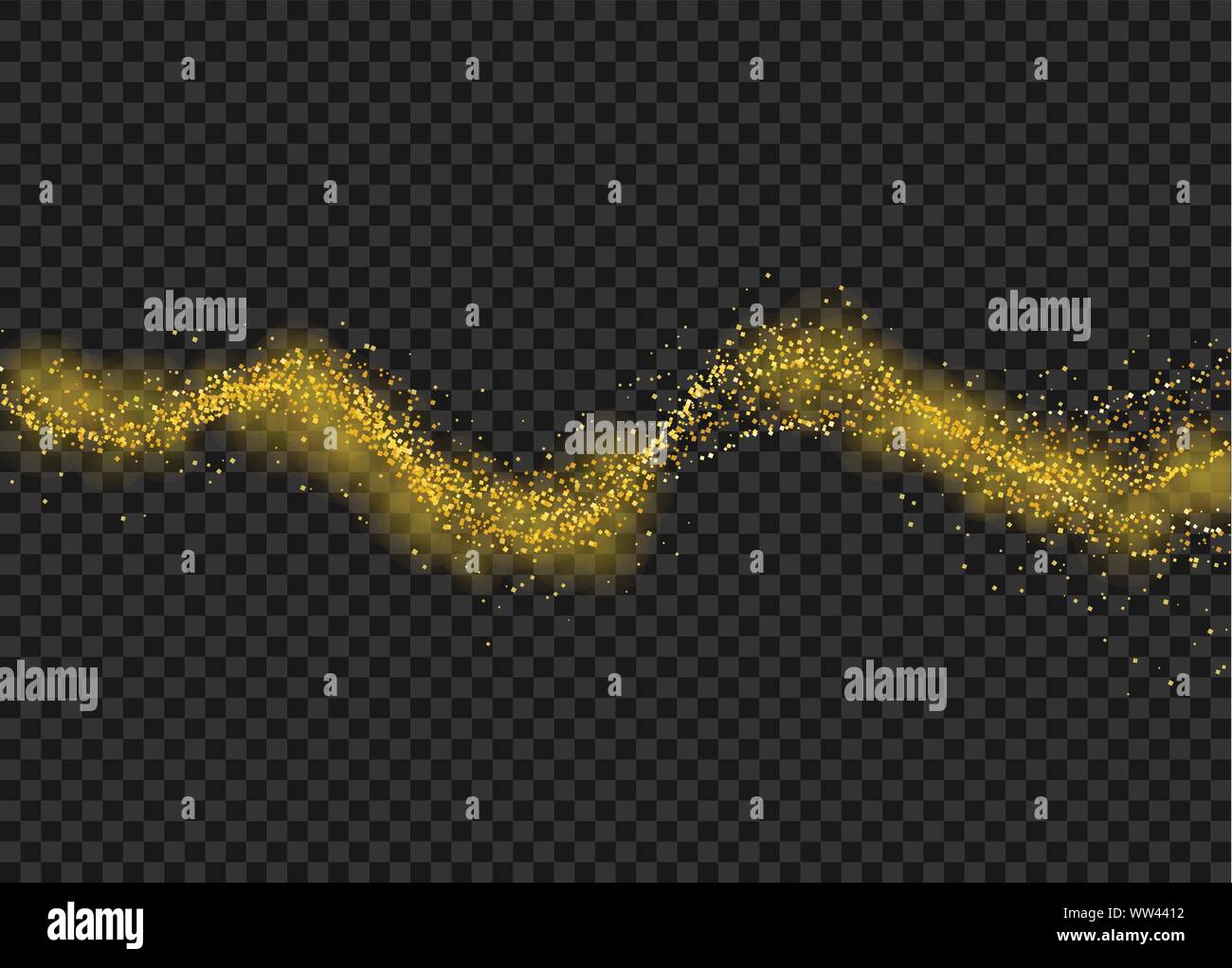 Oro le particelle di polvere. Glitter sparkle sentiero sulla trasparenza sfondo a scacchi. Illustrazione Vettoriale Illustrazione Vettoriale