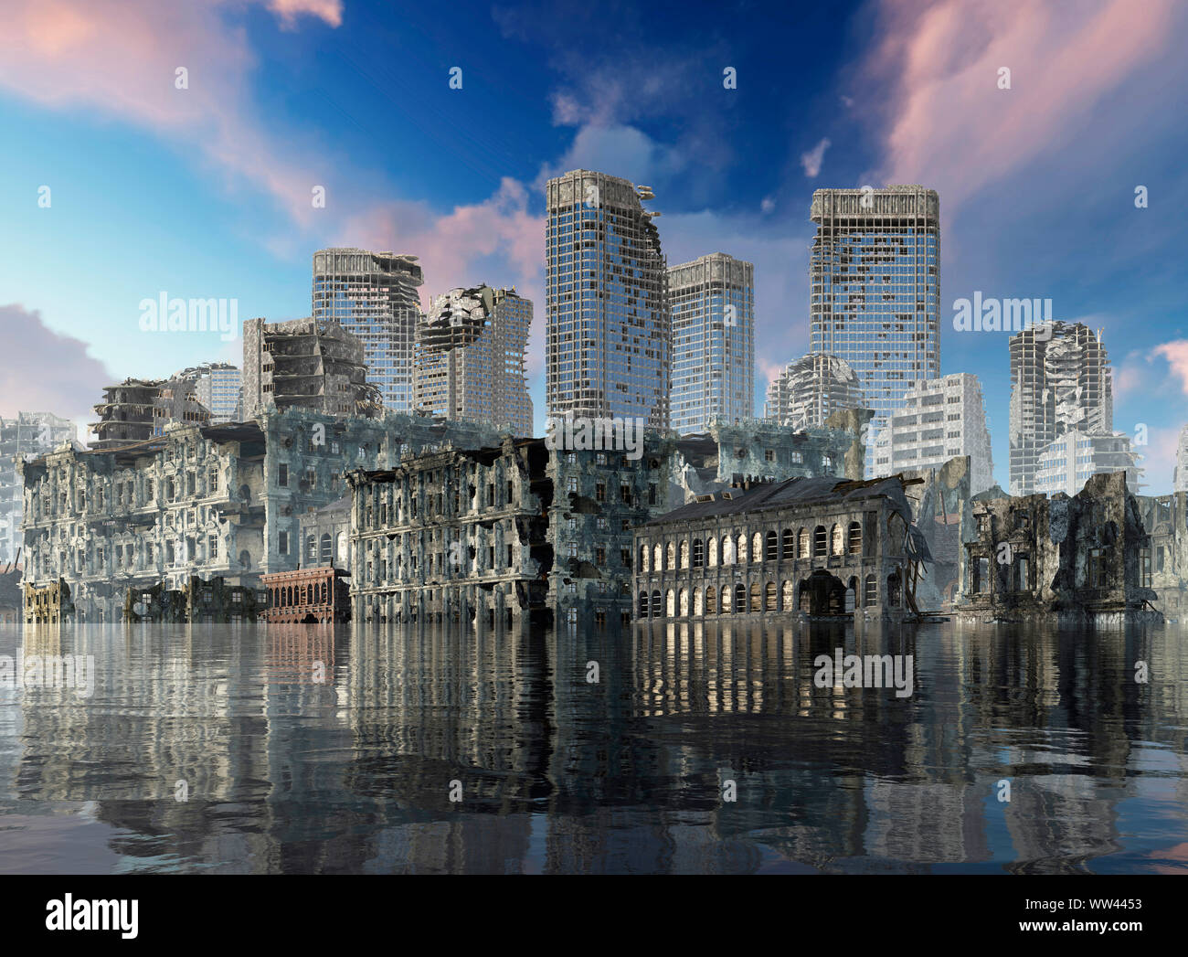 3D illustrazione il riscaldamento globale le rovine di una città apocalittica concetto orizzontale Foto Stock
