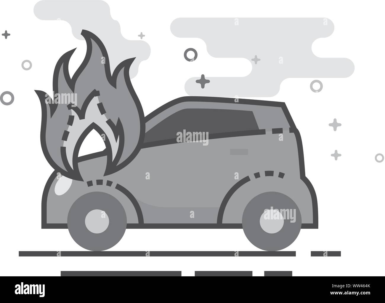 Incendio sulla vettura di icona nel piano delineato lo stile in scala di grigi. Illustrazione Vettoriale. Illustrazione Vettoriale