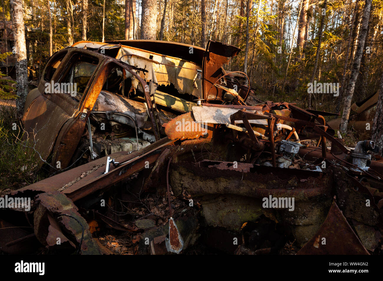 La formazione di ruggine e la carie al Kyrkö cimitero di auto in Svezia Foto Stock