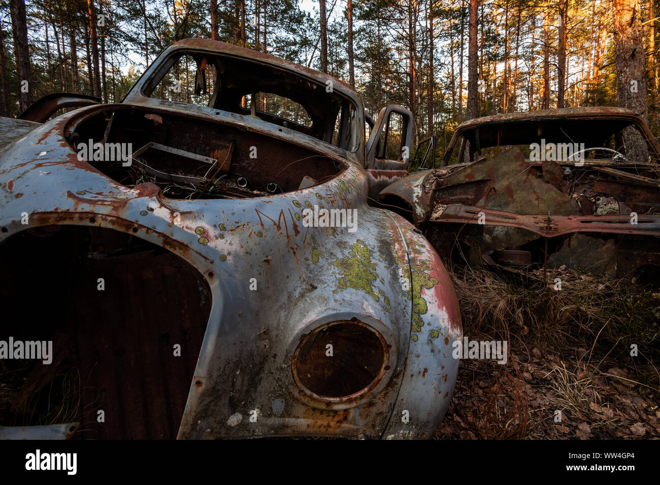 La formazione di ruggine e la carie al Kyrkö cimitero di auto in Svezia Foto Stock