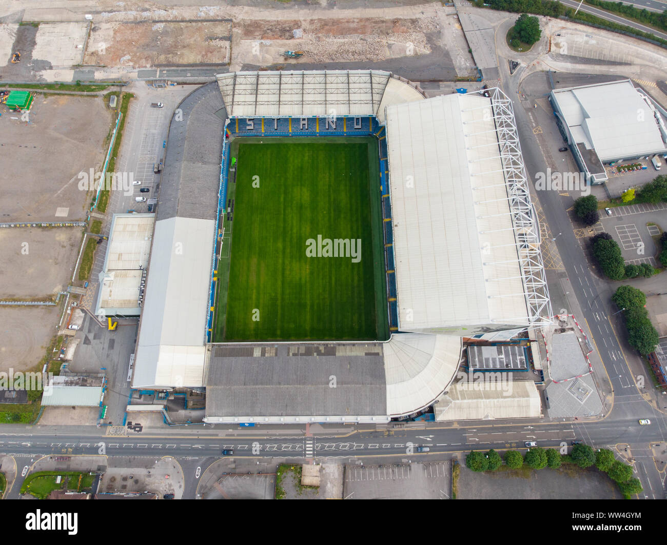 Foto aerea di Elland Road Football Club Stadium, prese a Leeds West Yorkshire del Leeds United Football Club nel Regno Unito Foto Stock