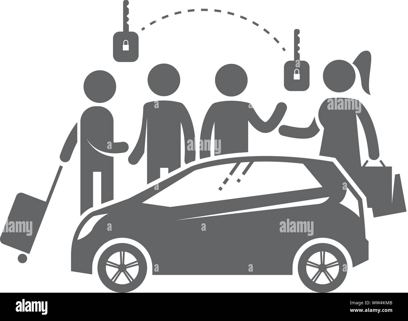 Gruppo di persone e di un veicolo. Car sharing concept. Illustrazione Vettoriale. Illustrazione Vettoriale