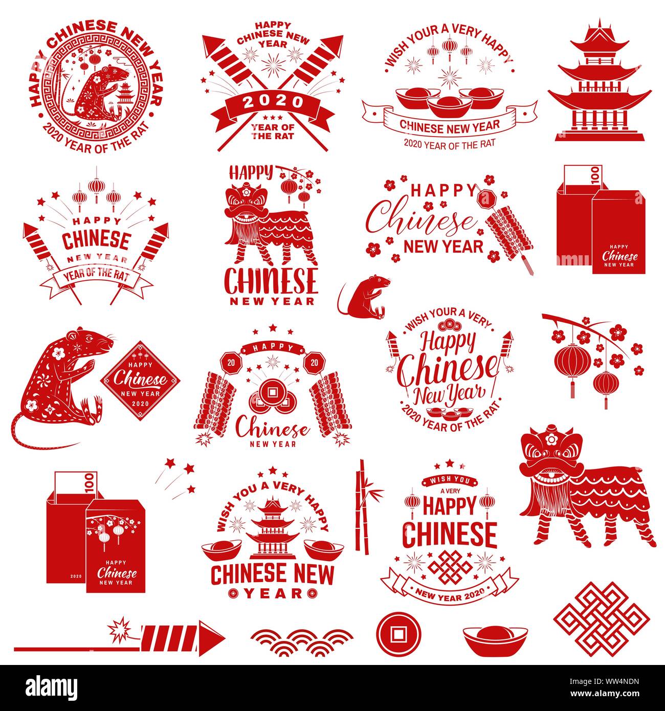 Felice Anno Nuovo cinese il badge con elemento di design. Anno Nuovo Cinese classico felicitation cartolina. Segno cinese anno di ratto della scheda Messaggi di saluto. Banner per il web template. Illustrazione Vettoriale. Illustrazione Vettoriale