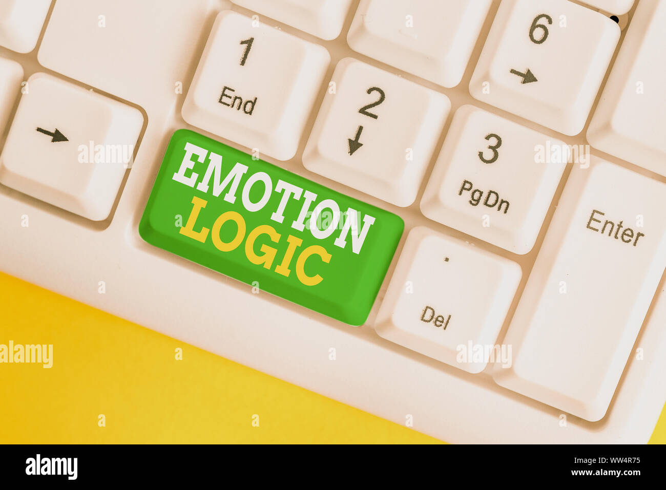 Testo della scrittura emozione logica. Foto concettuale cuore o cervello anima o Intelligence confusione pari equilibrio White tastiera PC con vuoto nota una carta Foto Stock