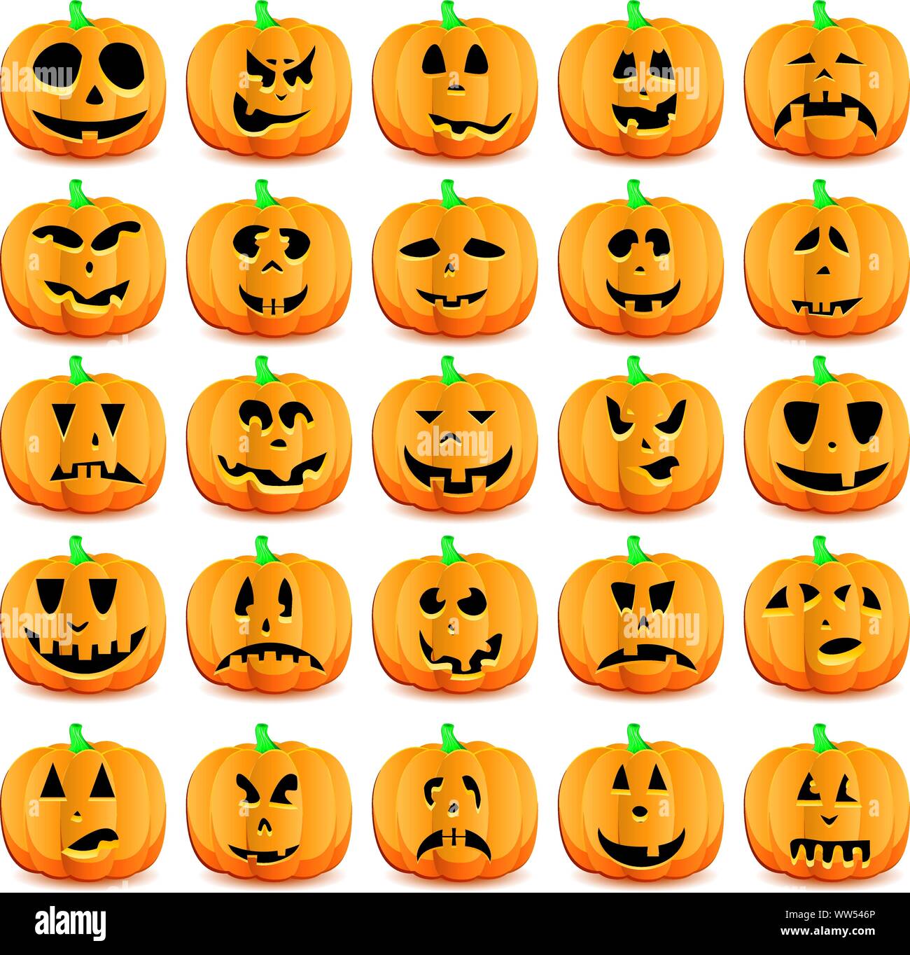 Grande set di zucche di Halloween con Jack O'Lanterna faccia, illustrazione vettoriale Illustrazione Vettoriale