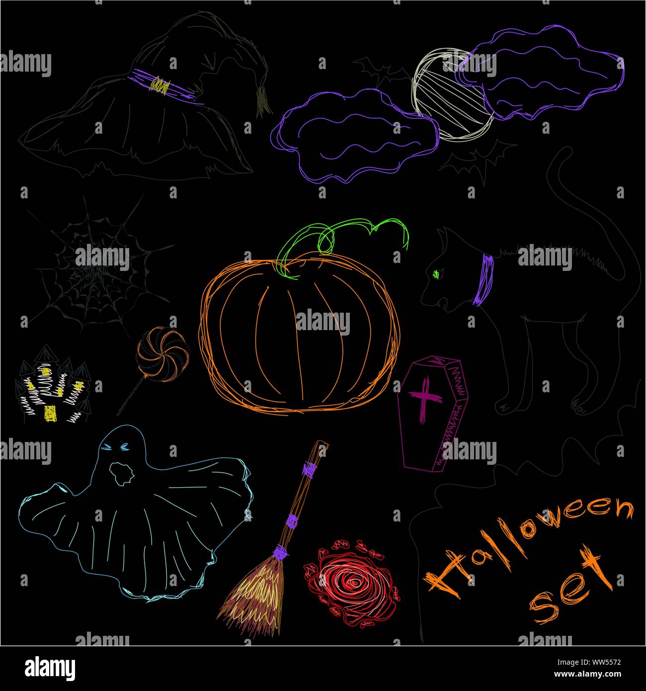 Icone di Halloween una raccolta di divertenti icone di Halloween. Disegno Scetch. Illustrazione Vettoriale Illustrazione Vettoriale