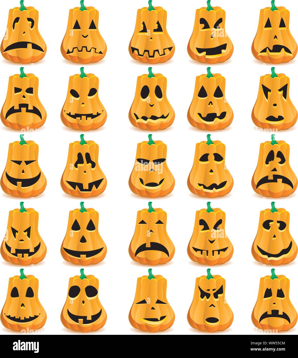 Grande set di 15 zucche di Halloween con diversi mouthes, gli occhi e il naso per Jack O'faccia lanterna, illustrazione vettoriale Illustrazione Vettoriale