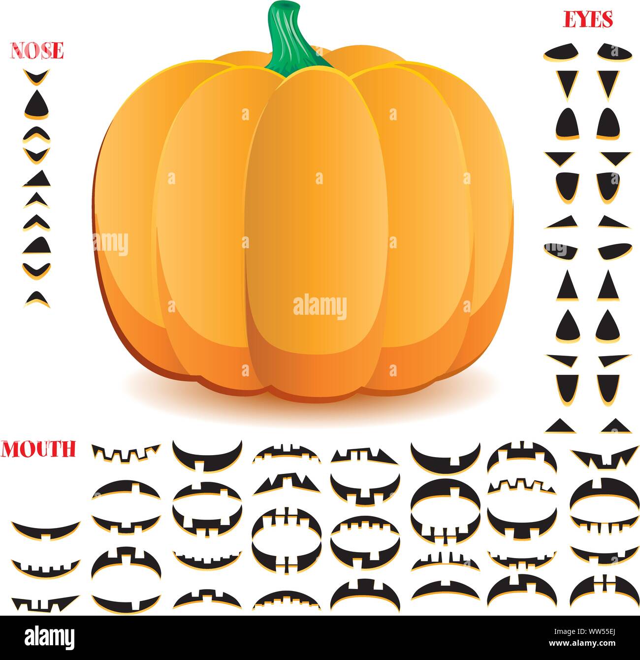 Zucca di Halloween con grande set di bocche, occhi e naso per Jack O'faccia lanterna, parte 10, illustrazione vettoriale Illustrazione Vettoriale