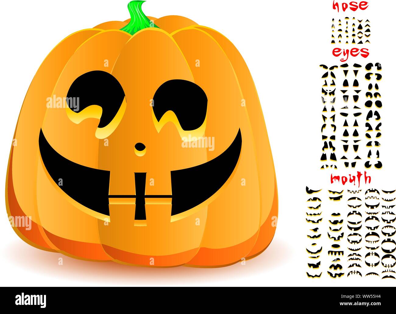 Zucca di Halloween con grande set di bocche, occhi e naso per Jack O'faccia lanterna, parte 19, illustrazione vettoriale Illustrazione Vettoriale