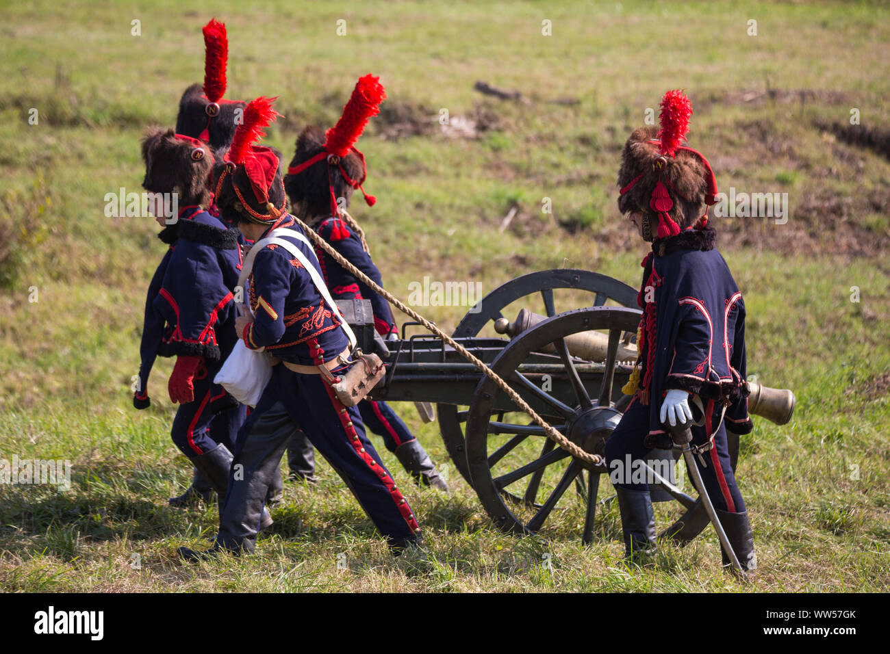 Borodino village, Regione di Mosca/Russia - 02.09.2018: la ricostruzione della battaglia di Borodinò nel 1812 tra russi e delle forze francesi. Foto Stock