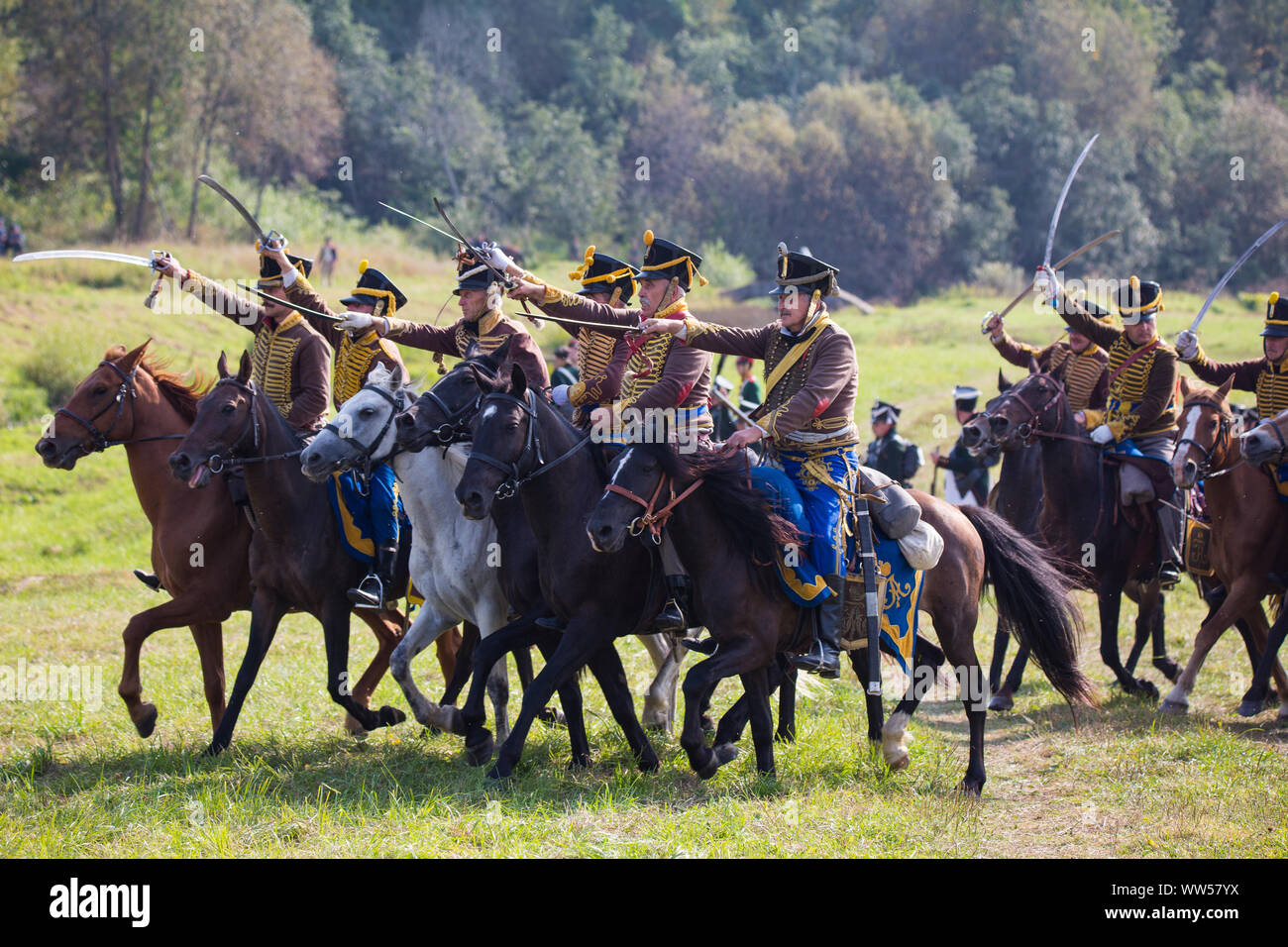 Borodino village, Regione di Mosca/Russia - 02.09.2018: la ricostruzione della battaglia di Borodinò nel 1812 tra russi e delle forze francesi. Foto Stock