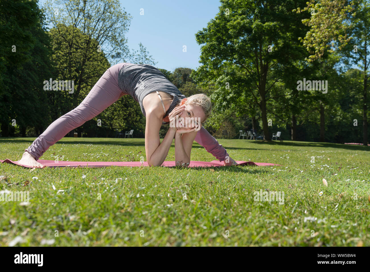Donna in abiti di formazione sul tappetino rosa nel parco, yoga, ginnastica, piegamenti, testa nelle mani, sorridente, guardando la fotocamera Foto Stock