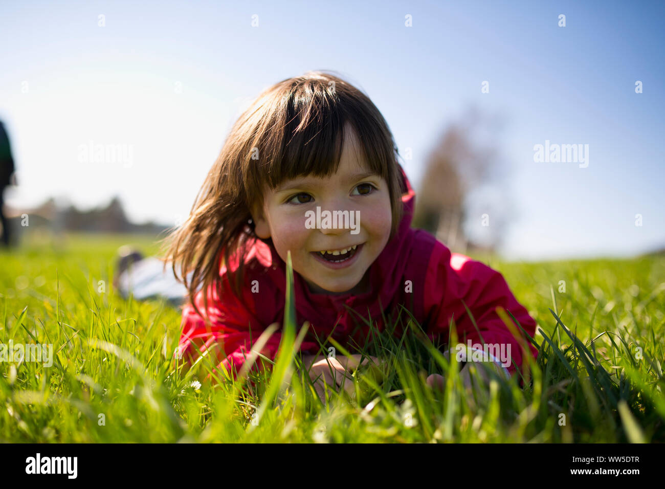 5-anno-vecchia ragazza distesa con giacca rossa su un verde prato Foto Stock