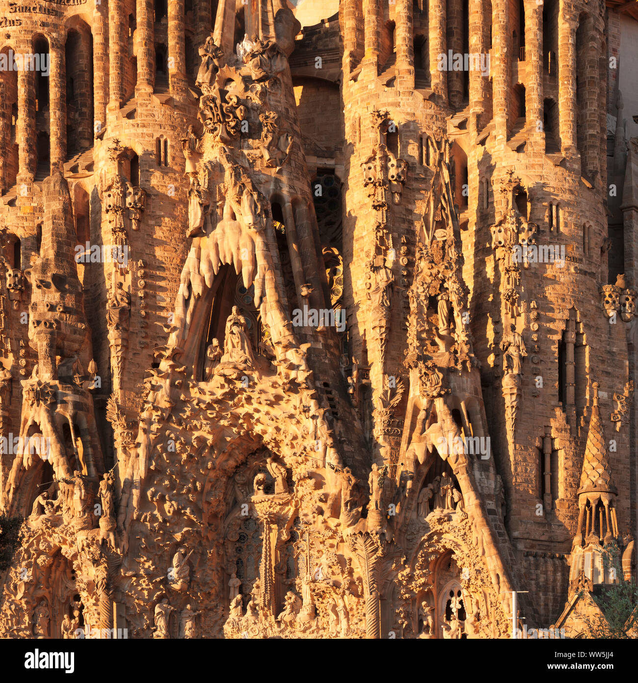 Chiesa Sagrada Familia, parto facciata, architetto Antonio Gaudì, Barcellona, in Catalogna, Spagna Foto Stock