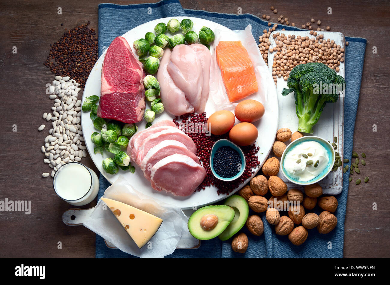 Migliori alimenti ricchi di proteine. Mangiare sano concetto. Salute del corpo e la costruzione di cibo. Vista superiore Foto Stock Migliori alimenti ricchi di proteine. Mangiare sano concetto. Salute del corpo e la costruzione di cibo. Vista superiore Foto Stock