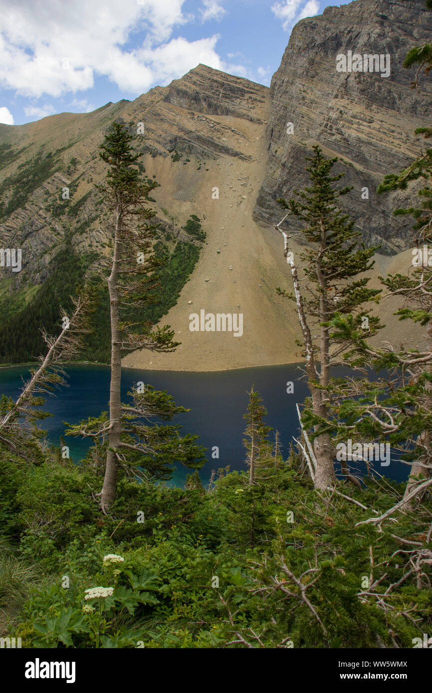 Lago di montagna con ripidi macereti campi, montagne rocciose, Alberta, Canada Foto Stock