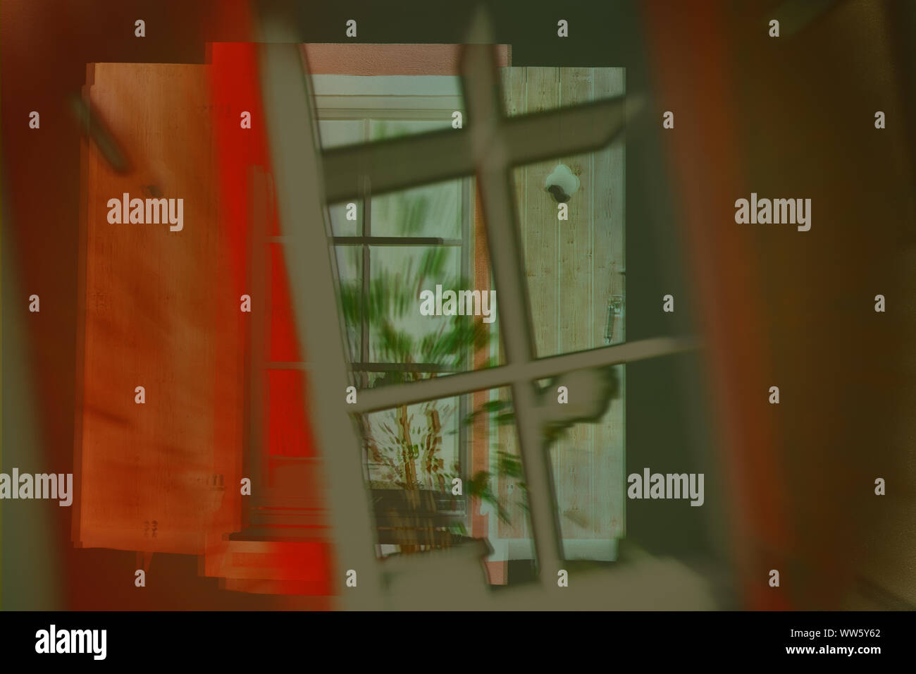 L'abstract doppia esposizione di una finestra di nostalgico con un impianto indoor nella finestra . Foto Stock