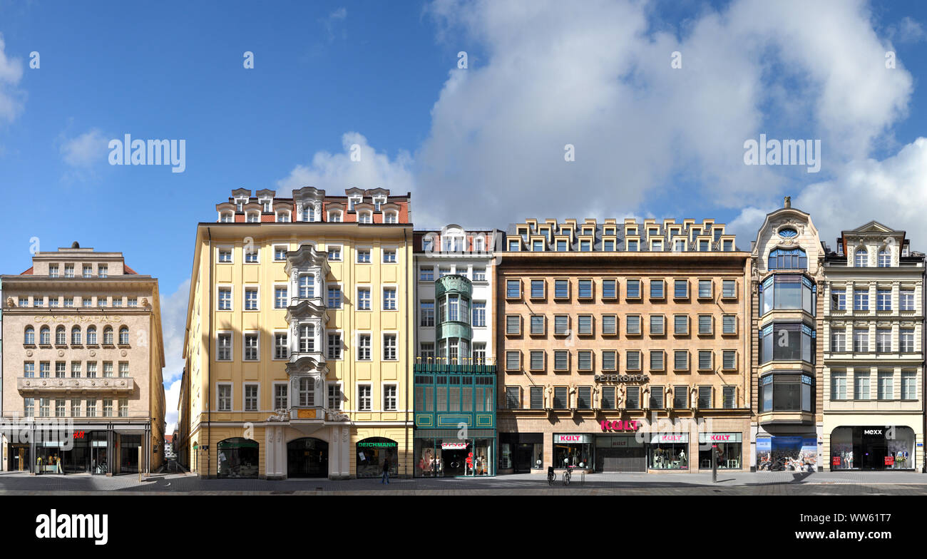 Germania, Lipsia, Petersstrasse, tra gli altri Petershof e Zum GrÃ¶nlÃ¤nder e un ex edificio della banca nella rappresentazione lineare, streetline multi-fotografia in prospettiva, Foto Stock