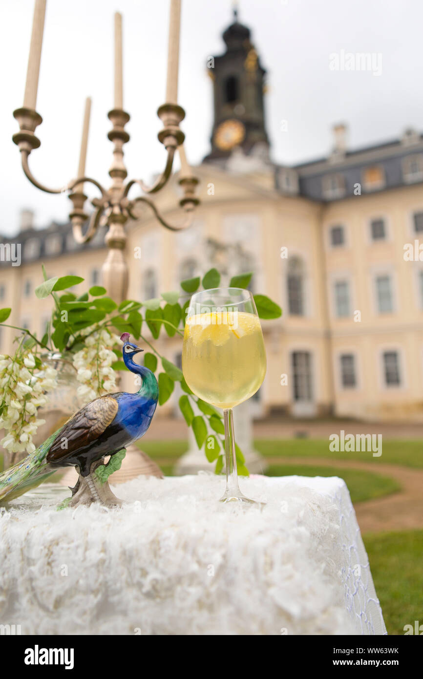 'A FREDDO' anatra, bevanda rinfrescante con vino spumante sul tavolo da giardino nella parte anteriore del castello di Hubertusburg, Wermsdorf, Bassa Sassonia, Germania Foto Stock