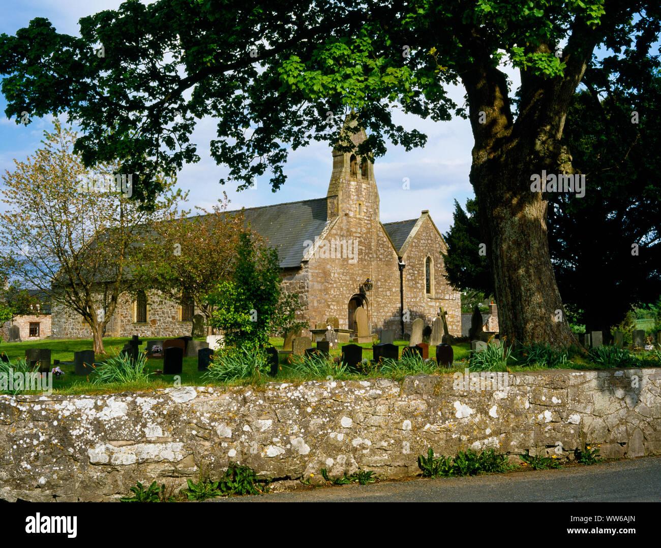 View SE sollevato del sagrato & twin navate/navate di San Garmon la Chiesa, a Llanarmon Yn-Iâl, Denbighshire, Galles; Regno Unito: un notevole di pellegrinaggio medievale sito. Foto Stock