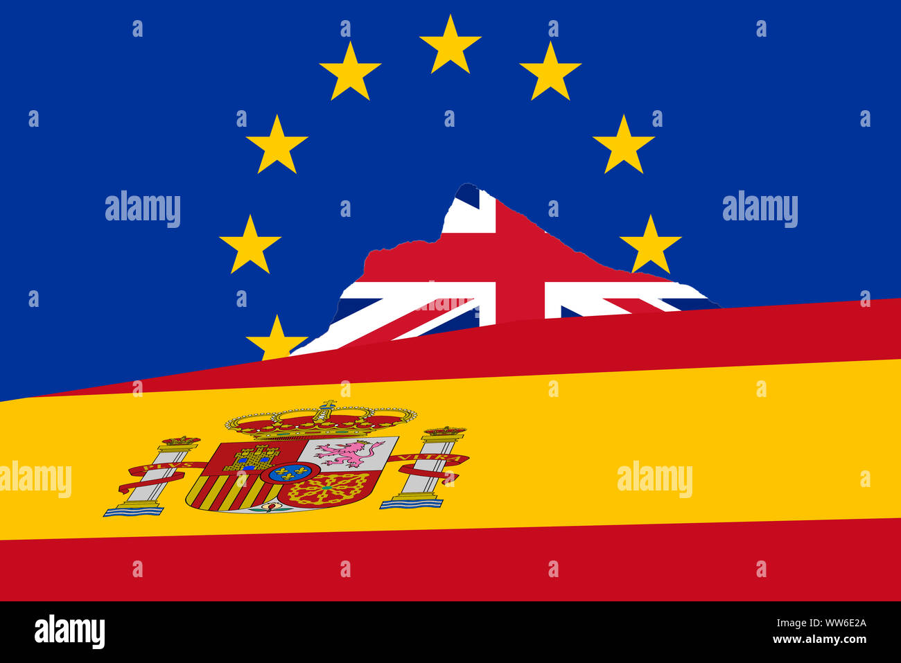 Illustrazione della scogliera di Gibilterra contemplati nella bandiera della Gran Bretagna e la bandiera spagnola nella parte inferiore e la bandiera europea oltre e beh Foto Stock
