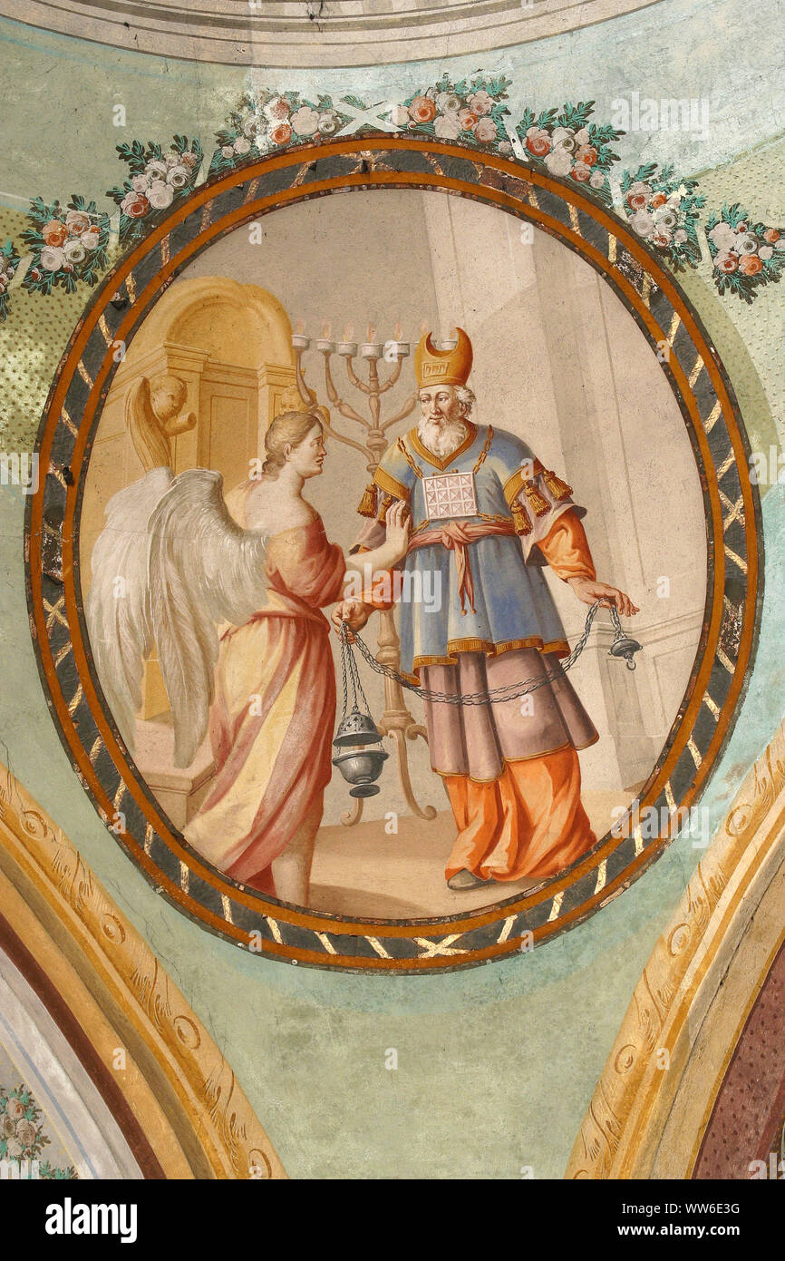 Zaccaria con angelo, affresco sul soffitto di San Giovanni Battista a Zagabria in Croazia Foto Stock