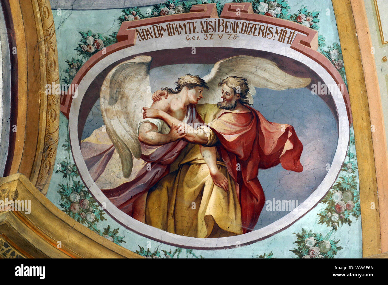 Giacobbe lotta con l'angelo, affresco sul soffitto di San Giovanni Battista a Zagabria in Croazia Foto Stock