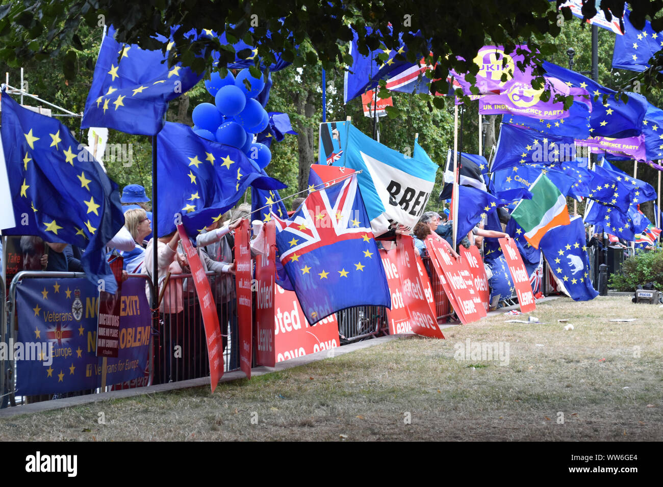 Protesta Brexit Londra Settembre 2019 Parliament Square Londra REGNO UNITO, le bandiere e gli striscioni Foto Stock