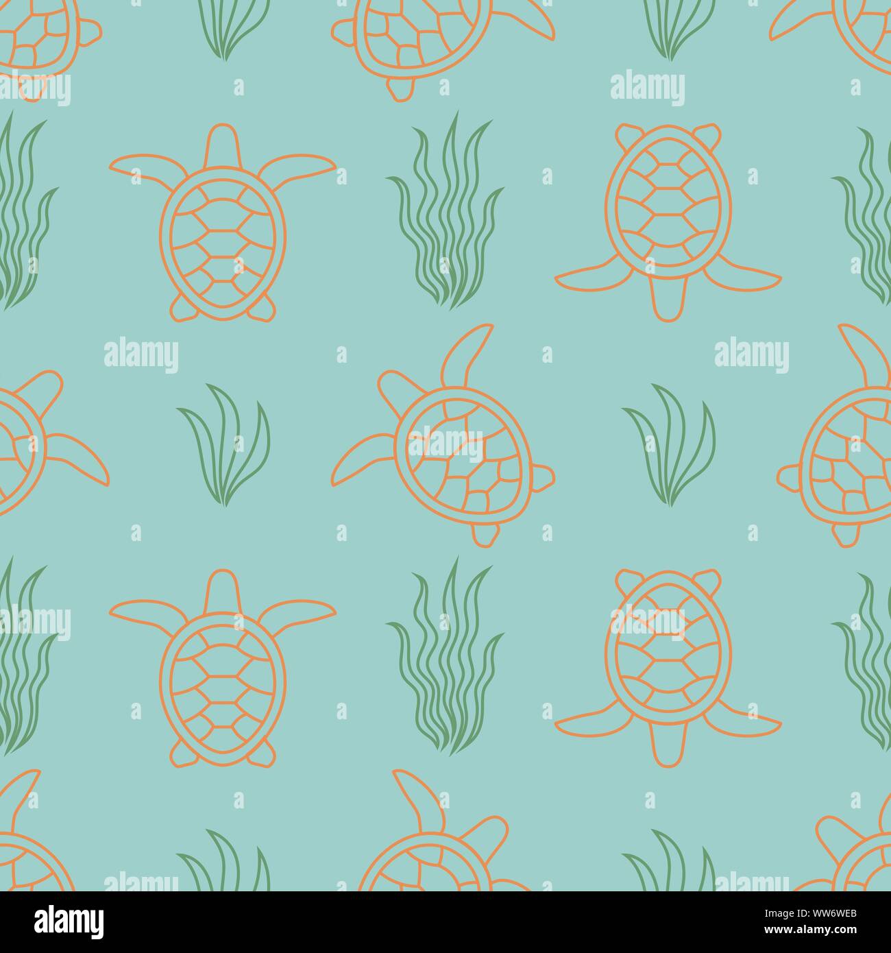 Bellissimo modello senza soluzione di continuità con le tartarughe di mare e alghe. Sullo sfondo del mare. Vettore illustrazione colorata EPS10 Illustrazione Vettoriale