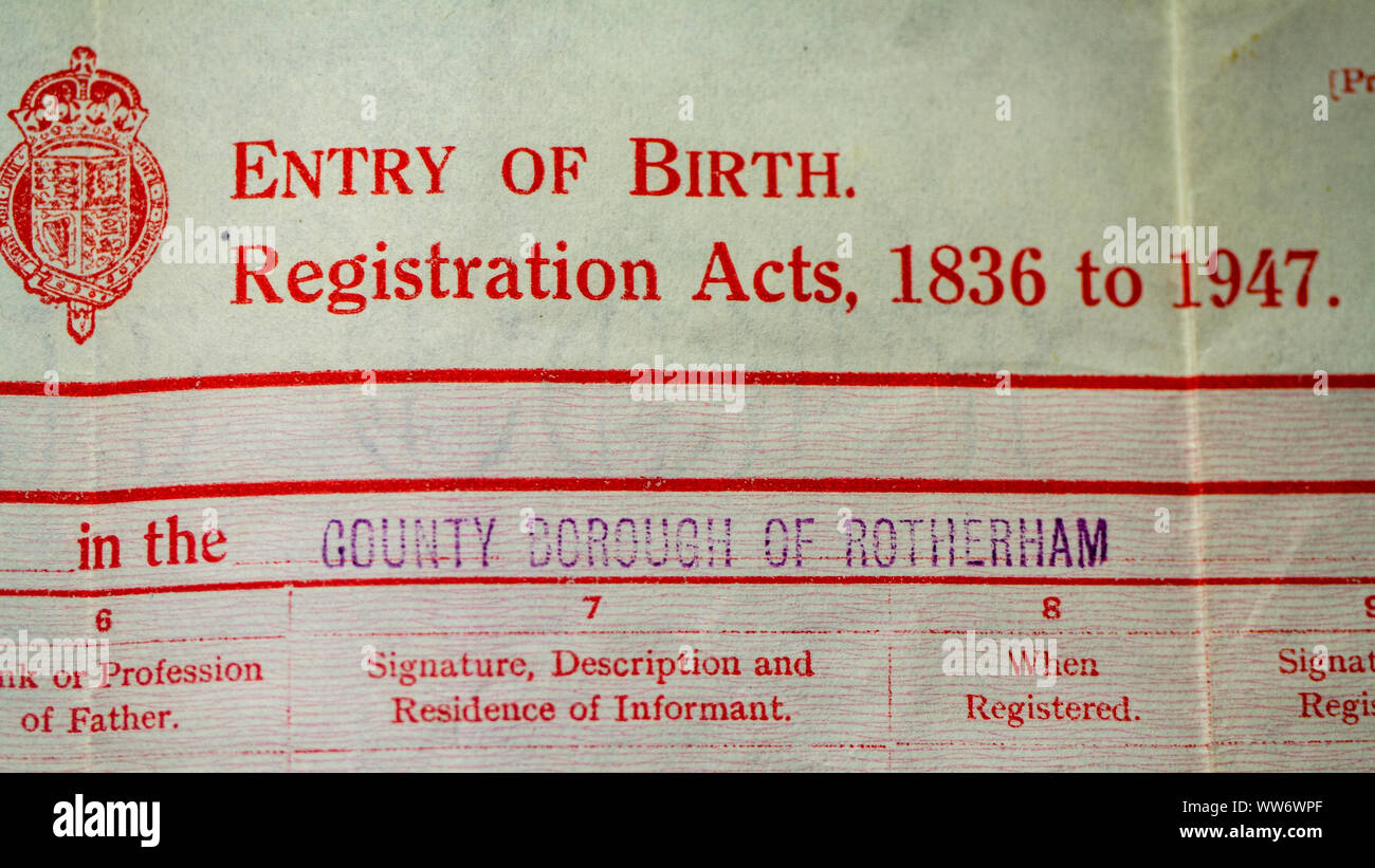 UK certificato di nascita Foto Stock