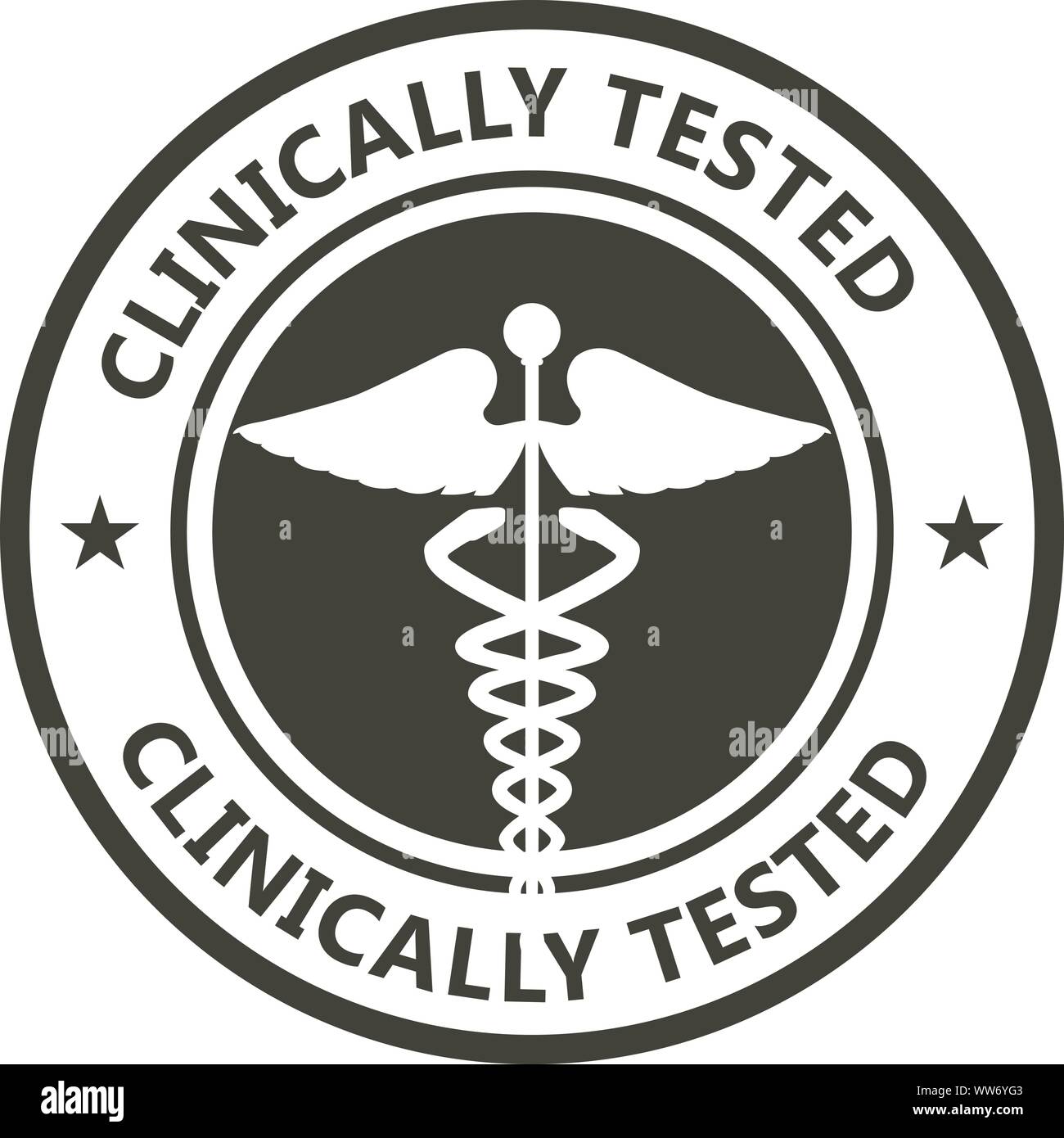 Clinicamente testato con timbro caduceo - clinicamente provata la medicina, etichetta di farmaco Illustrazione Vettoriale