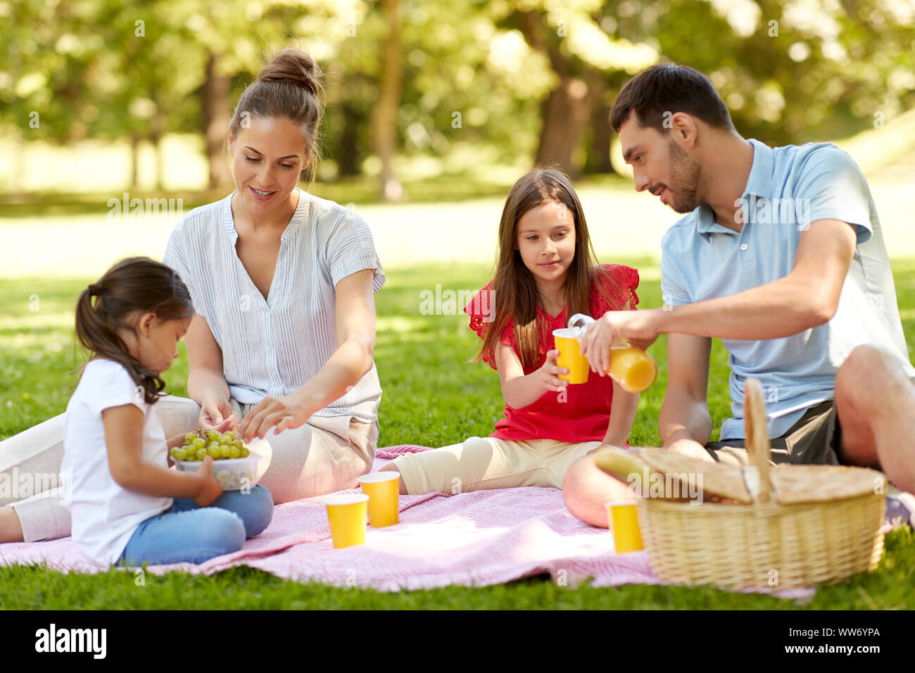 La famiglia felice avente picnic al parco di estate Foto Stock