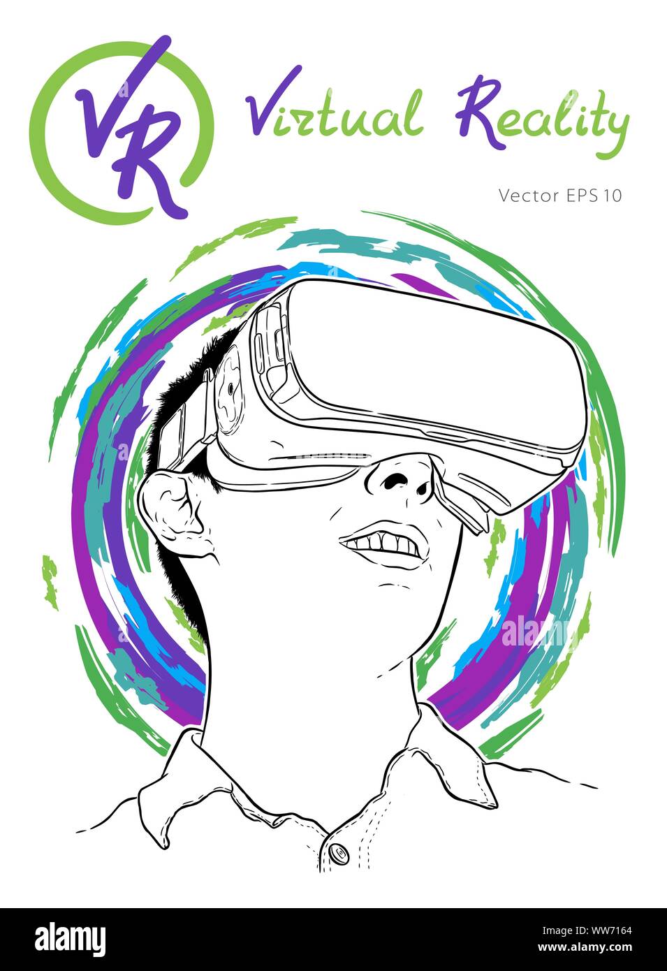 Uomo che indossa la realtà virtuale gli occhiali. Disegnata a mano illustrazione vettoriale, schizzo Illustrazione Vettoriale