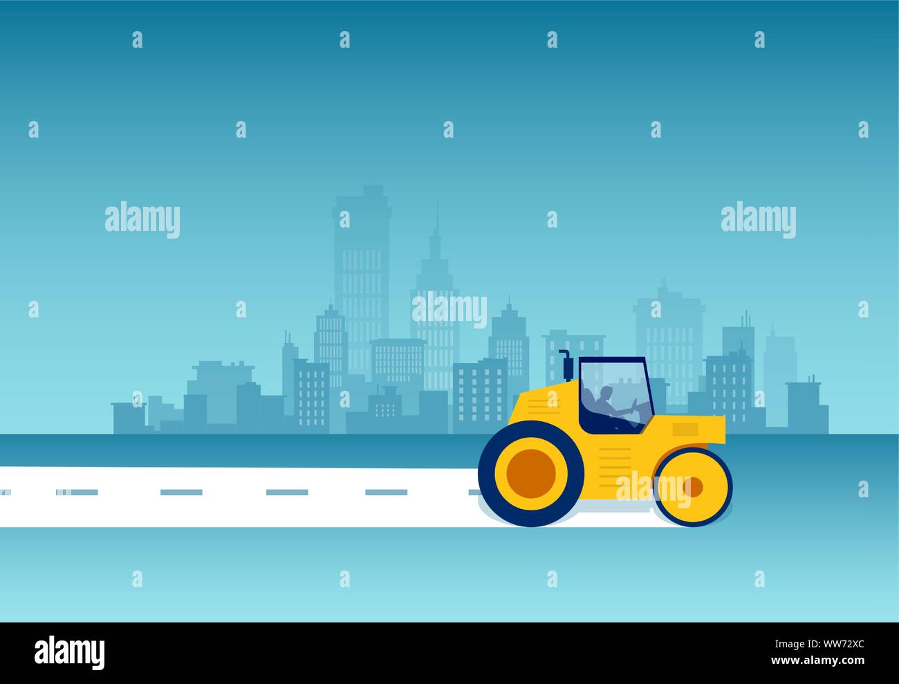Vettore di un rullo compressore di asfalto di livellamento su un paesaggio urbano in background Illustrazione Vettoriale