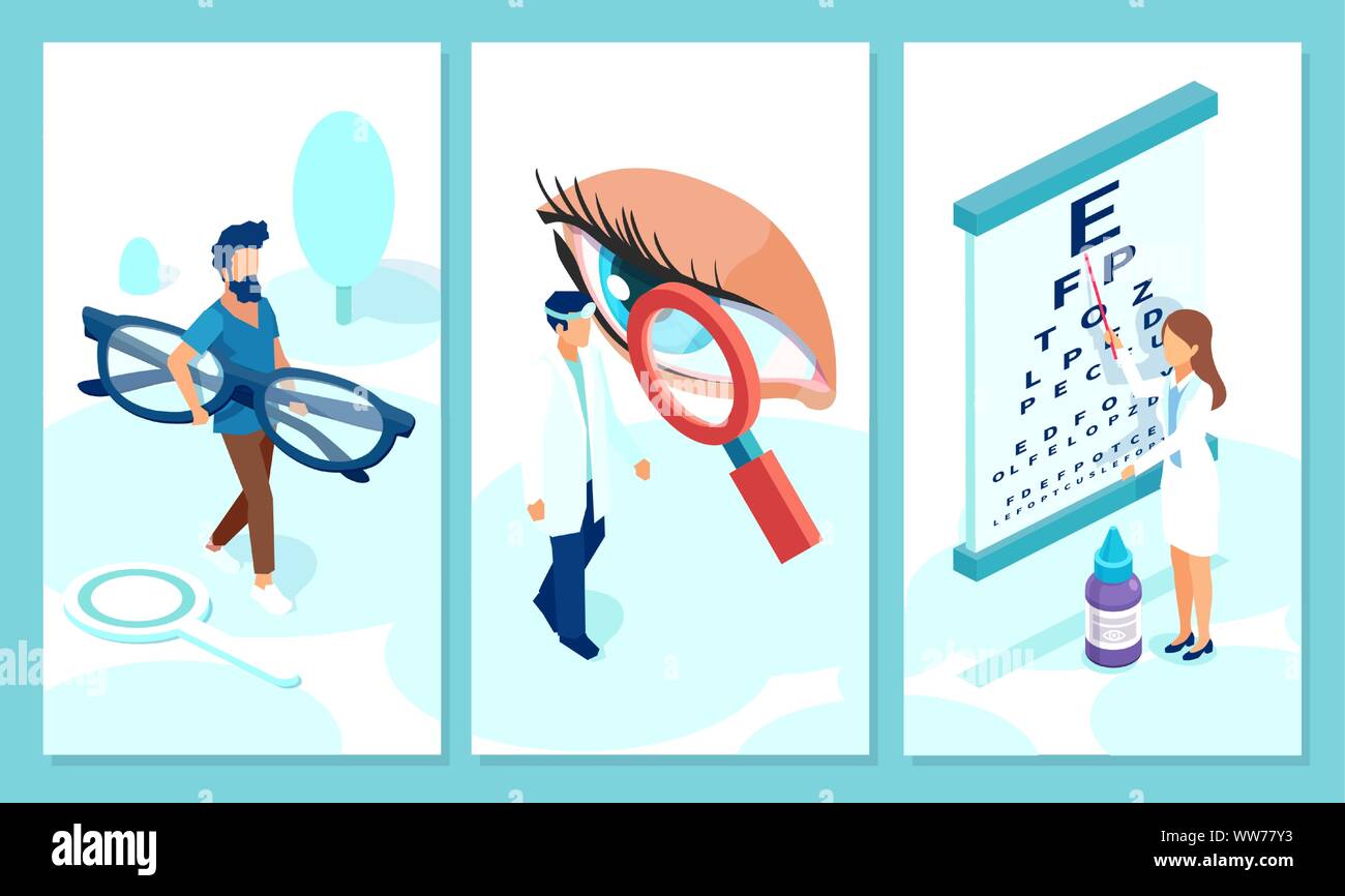 Medico oculista esame della vista concetto. Collage di vettore di un professionista medico di occhio di prendersi cura di un paziente con problemi di visione Illustrazione Vettoriale