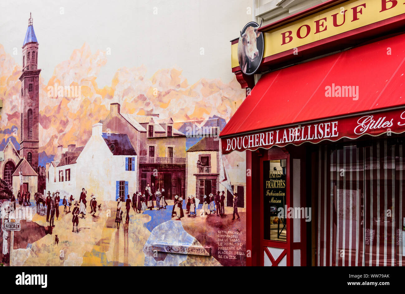 Francia, Bretagna Morbihan, Quiberon, murale, piazza della chiesa intorno a 1896 Foto Stock