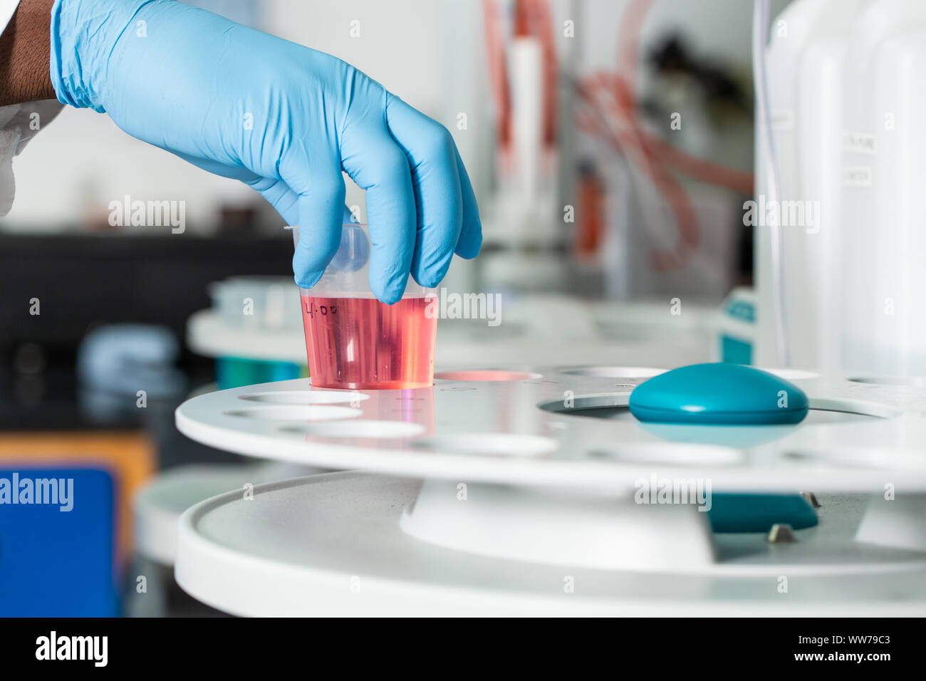 Tecnico che tiene in mano il becher con campione di acqua colorata per l'analisi presso il laboratorio di analisi dell'acqua di Tampa, Florida. Foto Stock