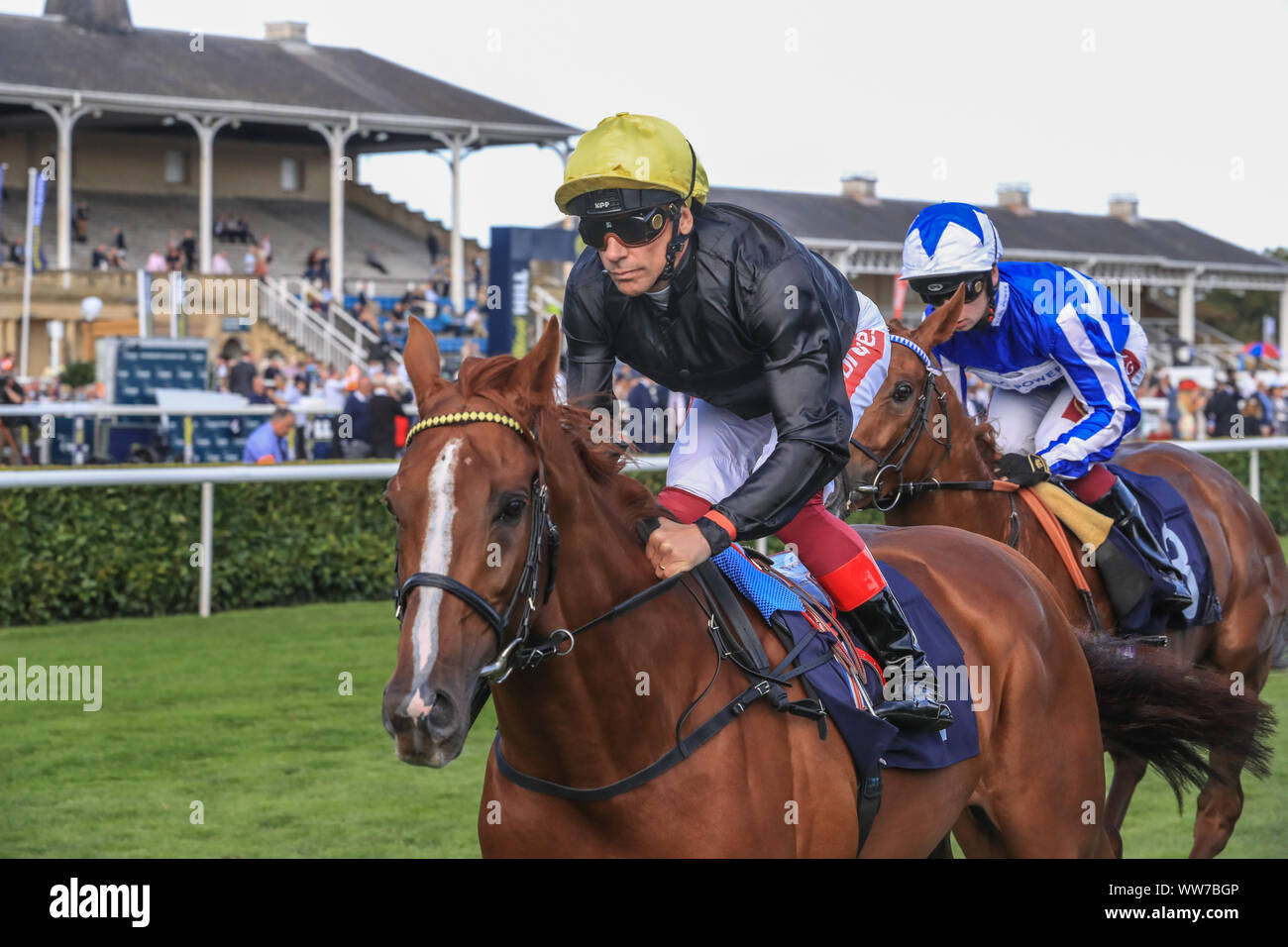 13 settembre 2019, Doncaster Racecourse, Doncaster, Inghilterra; William Hill St Leger Festival, signori del giorno, 3:10 Magners Rose Doncaster Cup Stakes ; Frankie Dettori su Stradivarius come passare il traguardo sul loro modo indietro intorno Foto Stock