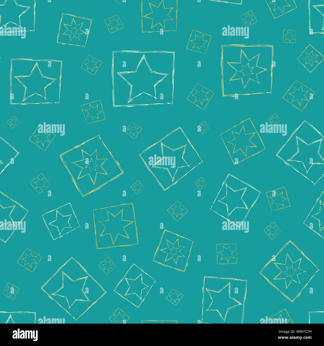Vector seamless pattern con varietà di cornici e di stelle d'oro nella spazzolata pittorica di stile sulla luce sfondo teal. Atmosfera rilassata e rilassato. Ideale per Illustrazione Vettoriale