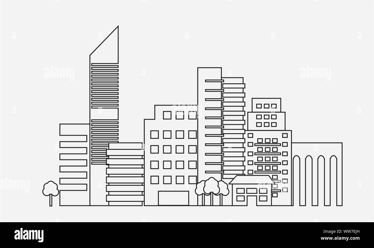 Generico città moderno vettore di linea. Skyline della città design lineare. Cityscape line art illustrazione. Delineare i grattacieli. Illustrazione Vettoriale
