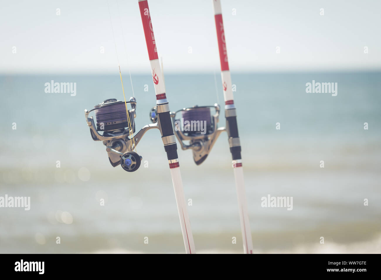 Due canne da pesca, due bobine, close-up, visualizzare la ricreazione e la pesca sul mare Mediterraneo Foto Stock