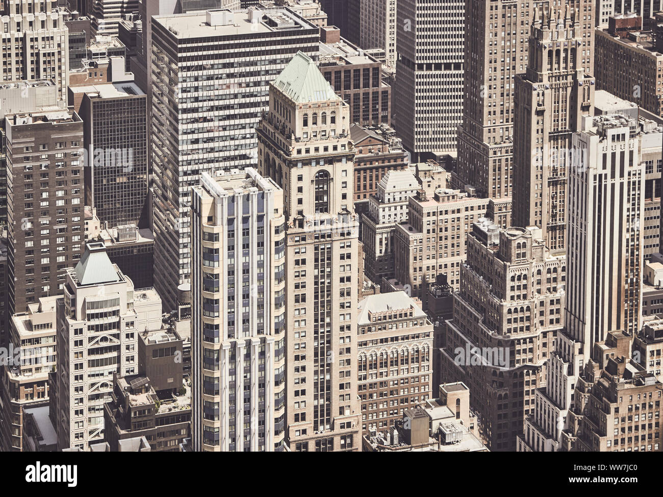 Retrò tonica vista aerea della città di New York architettura, STATI UNITI D'AMERICA. Foto Stock