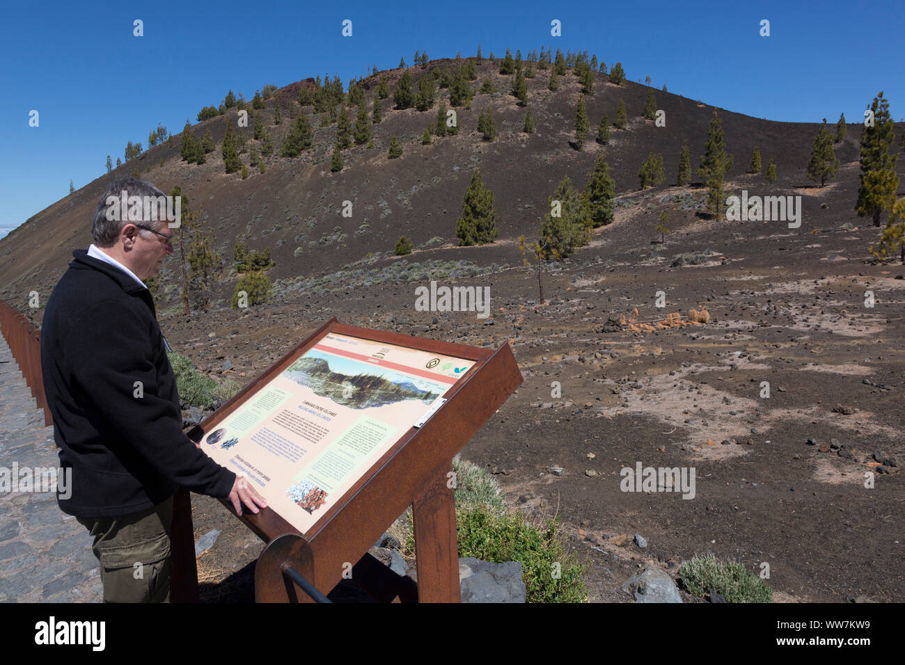 Uomo che guarda la scheda info al vulcano Samara, 1938 m, Parco Nazionale di Teide Patrimonio Mondiale UNESCO - Sito naturale, Tenerife, Isole Canarie, Spagna, Europa Foto Stock